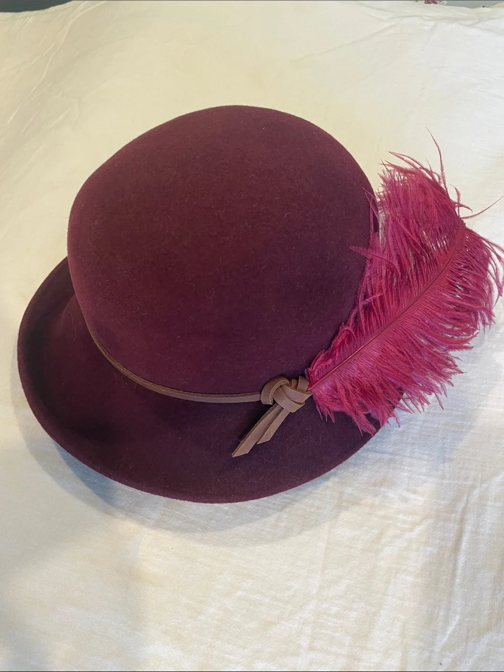 Womens Feather Trim Wool Cloche Hat - Burgundy